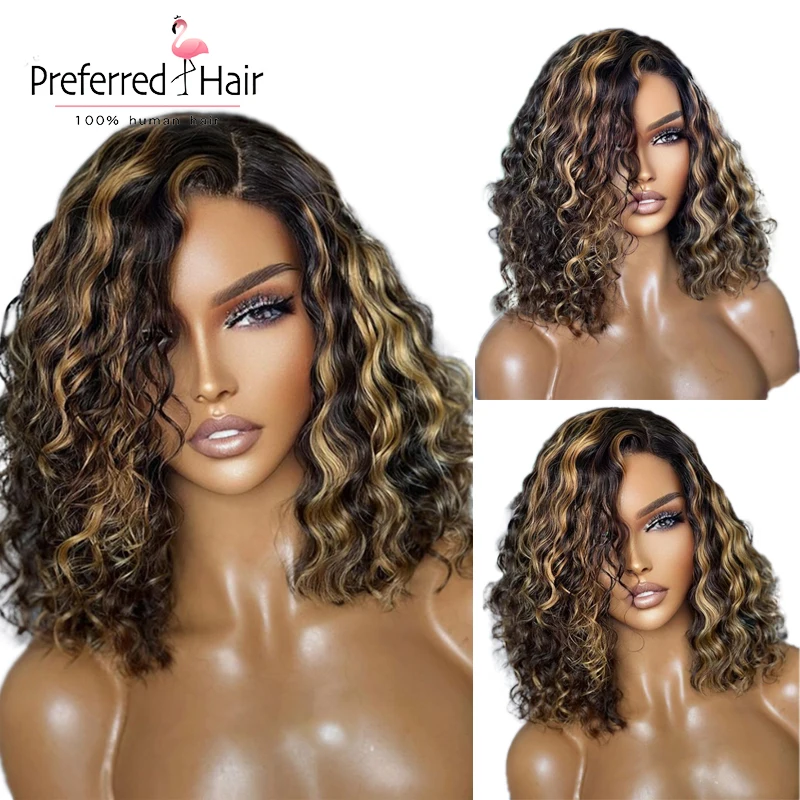 

Deep Curly Short Bob 13X4 T Part Lace Front Human Wig for Women Highlight Blonde Color Glueless 4X4 Closure Preplucked Brazilian