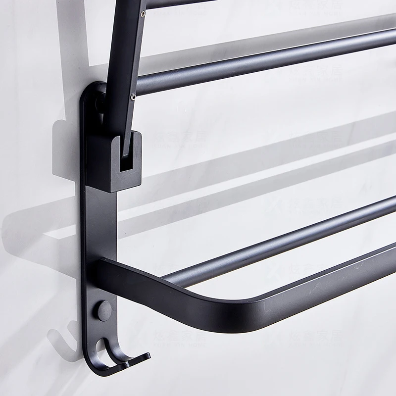 bathroom towel rack 40 60cm shower room holder wall mounted matte black aluminum folding storage shelf with hook accessories free global shipping