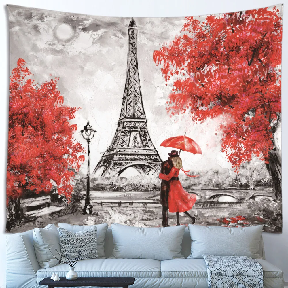 Винтажный гобелен в стиле Парижской башни черно-белый архитектурный красный