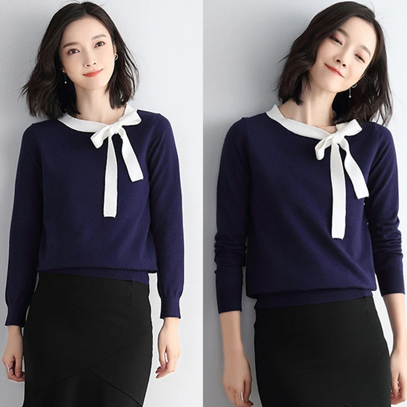 

Hot Kf-Women Sweater Elegant Autumn Knited Sweater Lace-Up Loose Sweater Long-Sleeved Pullover