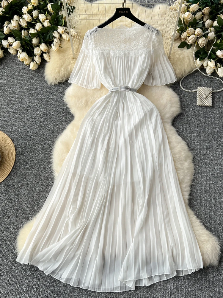 Женское элегантное Плиссированное длинное платье летние кружевные винтажные