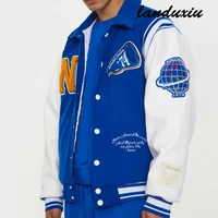 neutrals blue varsity bomber jacket man contrast sleeve pu leather coats embroidery jaded casual london baseball landuxiu
