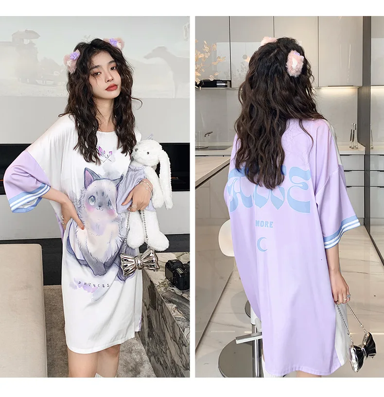Loose Stain Pajamas for Women Nightwear Silk Nightgown Round Neck Cute Cartoon Home Clothes Nightdress Sleepwear Vestidos Mujer