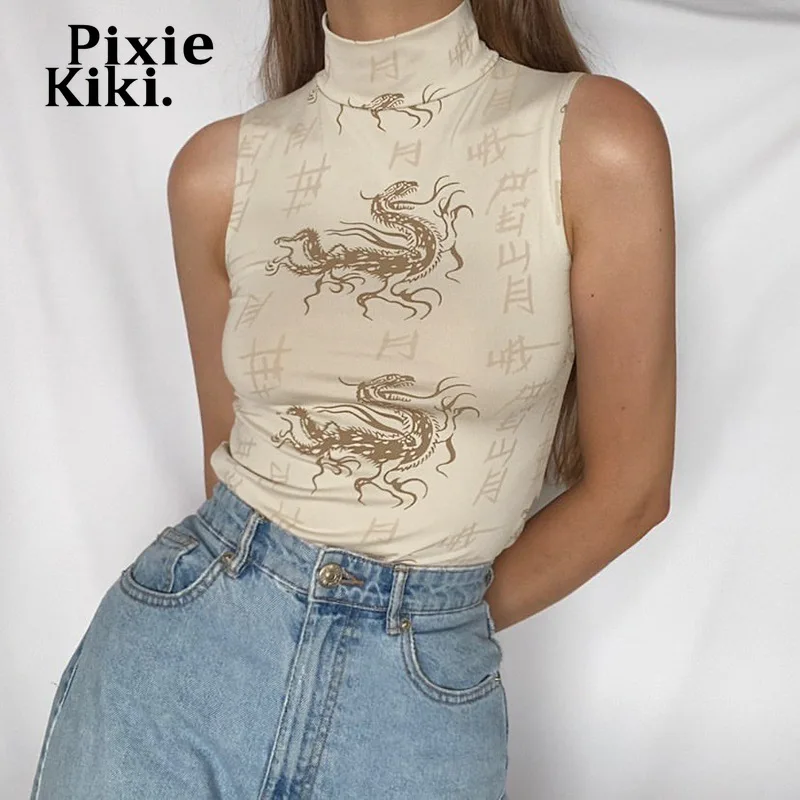 

PixieKiki Vintage Printed Tank Top Streetwear Women Aesthetic Y2k Tops Turtleneck Sleeveless Graphic T Shirts P77-AG11