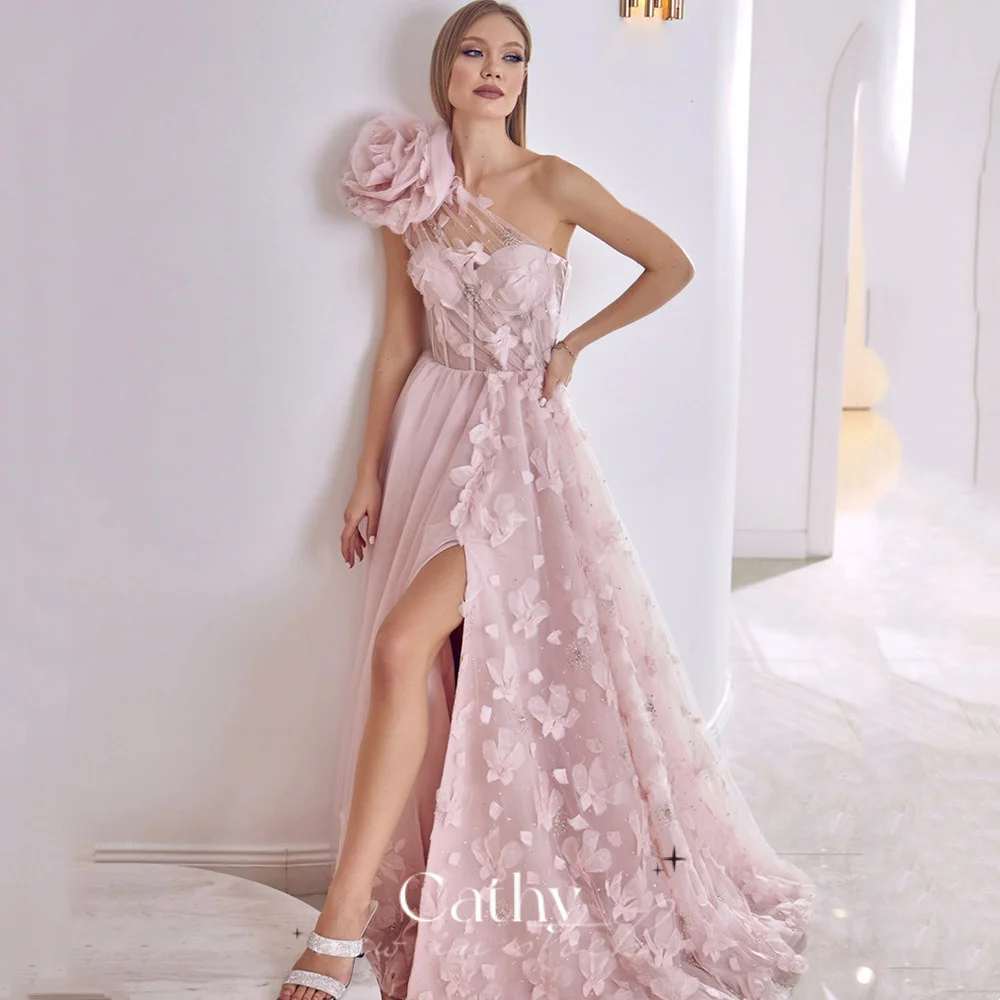 

Cathy Handmade Embroider Prom Dress 2023 Gentle Light Pink Evening Dress Grace A-line فستان سهرة Side Split Tulle Party Dresses