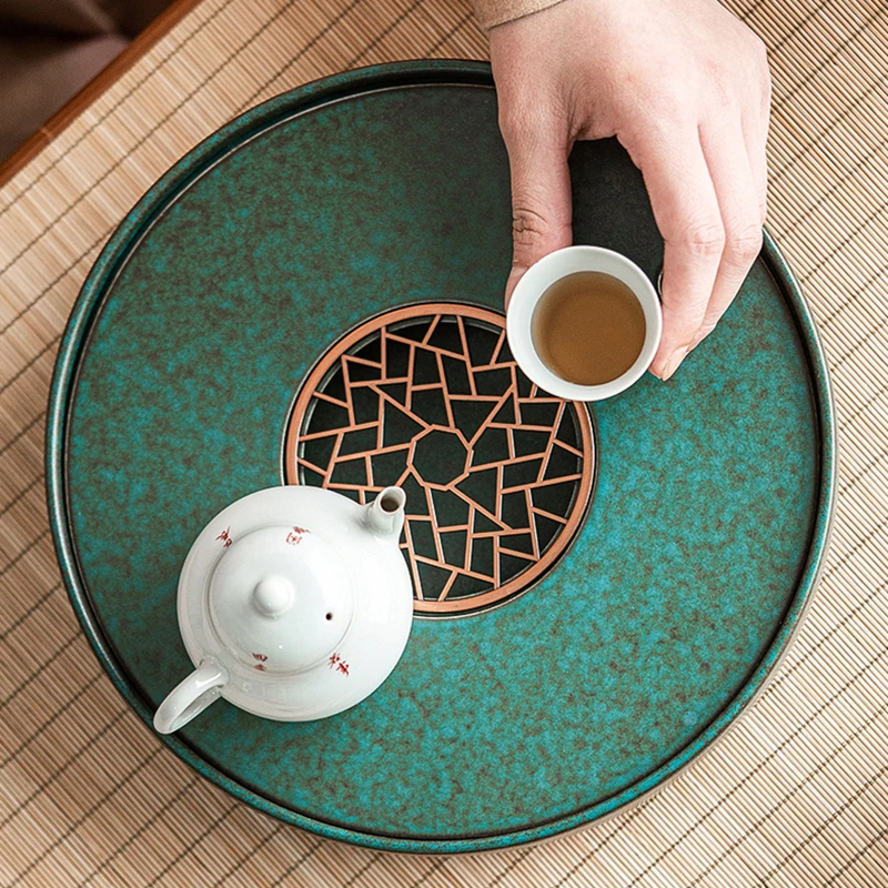

Round Tea Trays Decorative Luxurious Ceramic Vintage Small Chinese Tea Board Water Storge Bandeja Bambu Table Setting CC50CP