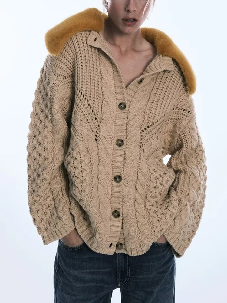 

TRAF Women's Eight Strand Knitted Coat Winter Long Sleeve Cardigan Artificial Fur Effect Decoration Turn-down Collar Sweater