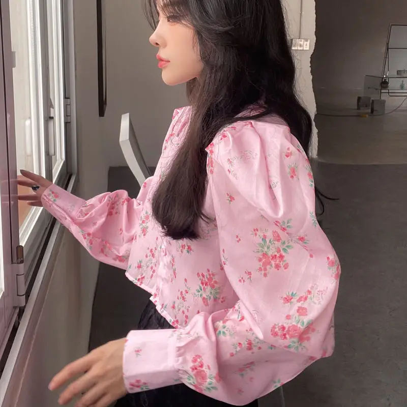 Pink Floral Puff Sleeve Women Shirt Causal Turn-down Collar Short Blouses Spring Korean Elegant Blusas Femme 2021 New enlarge