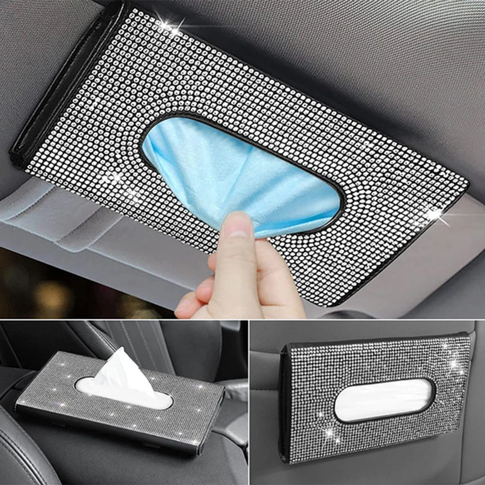 

Автомобильная коробка для салфеток с блестящими подвесками Кожаный Автомобильный солнцезащитный козырек держатель салфеток Декор интерь...