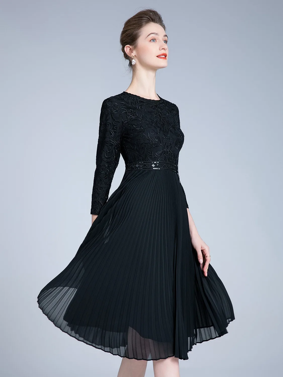 Женское винтажное платье миди AELESEEN бежевое плиссированное с цветочной вышивкой