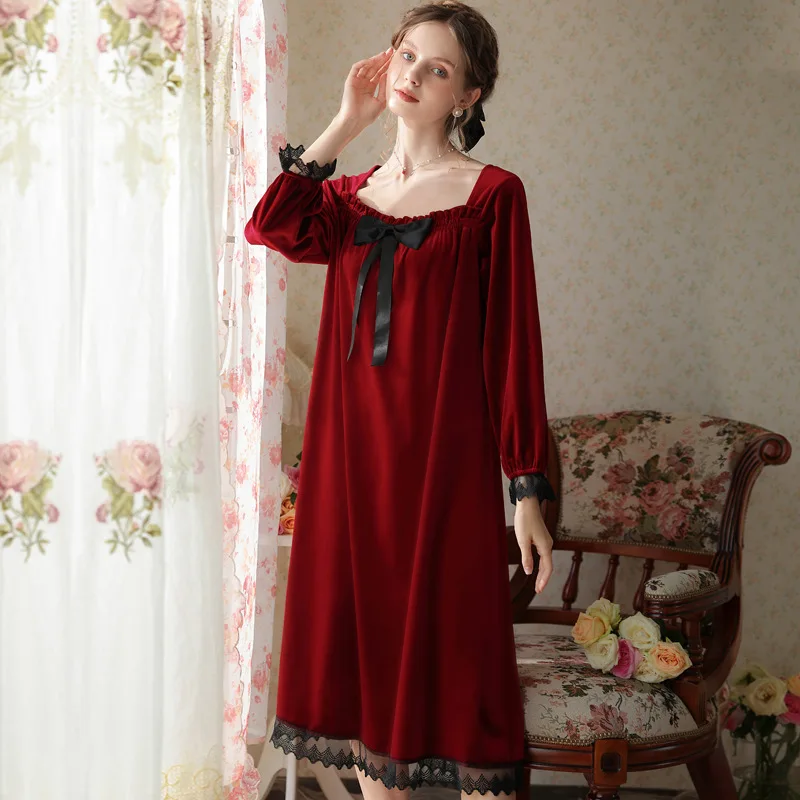 

Roseheart Winter Women Fashion Red Bow Sexy Sleepwear Nightdress Nightwear Homewear Luxury Nightgown Female Pleuche Plus Size