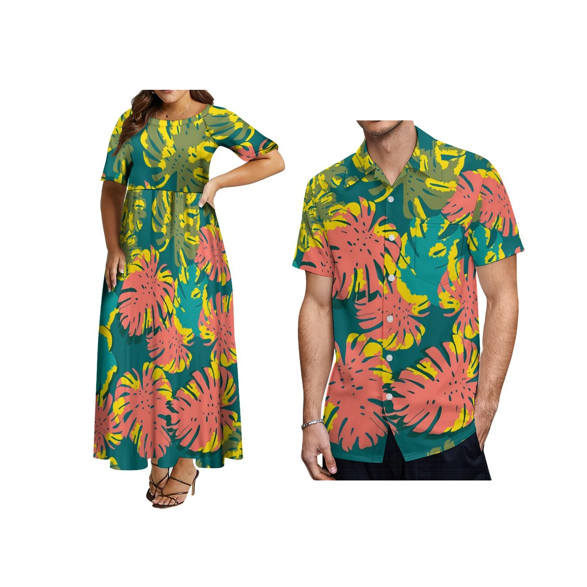 Модное зеленое полинезийское платье с круглым вырезом и принтом в виде