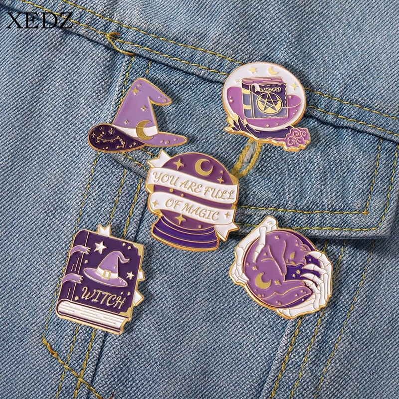 

Wizarding World Enamel Pin Purple Crystal Ball Star Moon Magic Book Hat Cat Wizard Brooch Badge Witch Halloween Jewelry Gift