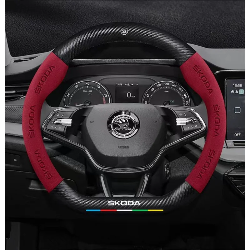

Car 3D Skoda Logo Suede Carbon Fiber Steering Wheel Cover For Octavia Fabia Slavia Yet Rapid Code Superb Karo Failed