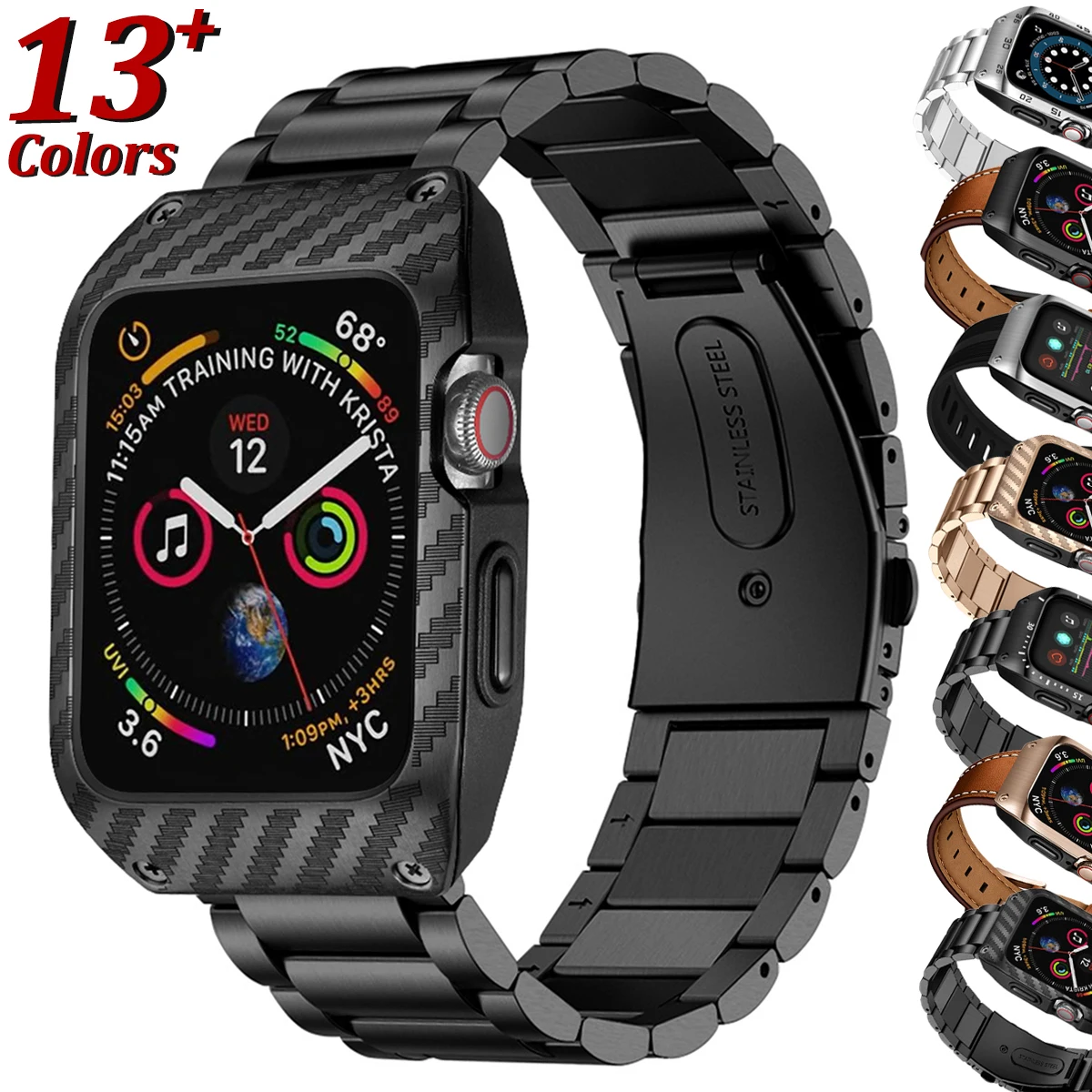 

Чехол из нержавеющей стали для Apple Watch SE Series 6 5 4 44 мм, комплект для модификации iWatch, металлический корпус из углеродного волокна, кожаный чехо...