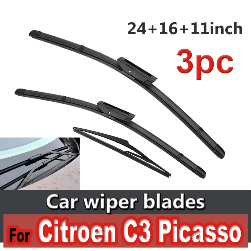 

Wiper Front & Rear Wiper Blades For Citroen C3 Picasso 2011 - 2016 Windshield Windscreen Window Rain Brushes 24"+16"+11"