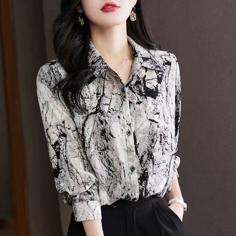 

North West Women's Shirt Spring/summer Printed Vintage Blouses Loose Ladies Clothing Polo Neck Long Sleeves FASHION Tops
