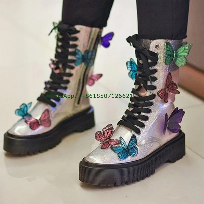 Silver Platform Butterfly Boots Side Zipper Cross Strap Calf Boots Round Toe Personality Fashion Shoes