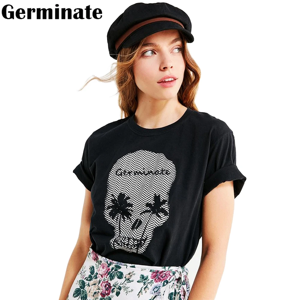 

Germinate Skull T Shirt Women Summer Harajuku Graphic Gothic Goth Punk Grunge Vintage Streetwear Short Sleeve Cotton Black Tops