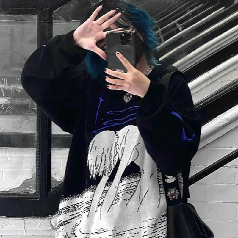 

Kawaii Anime Print O-Neck Knitted Women's Pullover Y2K Harajuku Streetwear Aesthetic Fashion Gothic Grunge Oversize Men Sweater