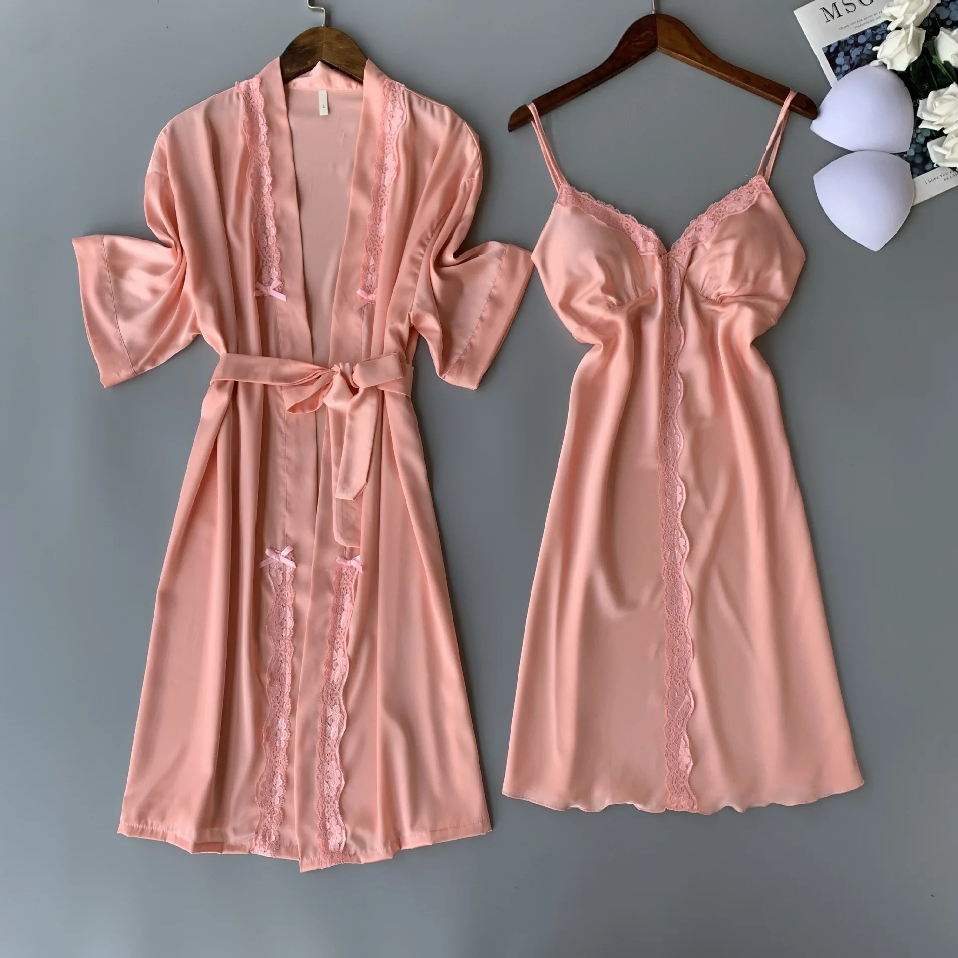 

Satin Sleepwear Women Sexy Kimono Bathrobe Gown Lace Perspective Twinset Robe Set Loose 2PCS Bathrobe&Nightgown Suit Lingerie