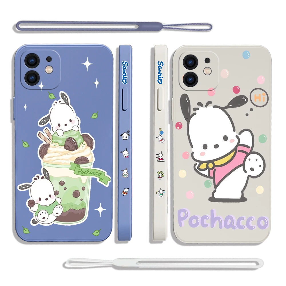 

Sanrio Pochacco Phone Case For iPhone 14 13 12 11 Pro Max Mini X XR XS SE 2020 8 7 Plus 6 6S Plus Silicone Cover With Lanyard