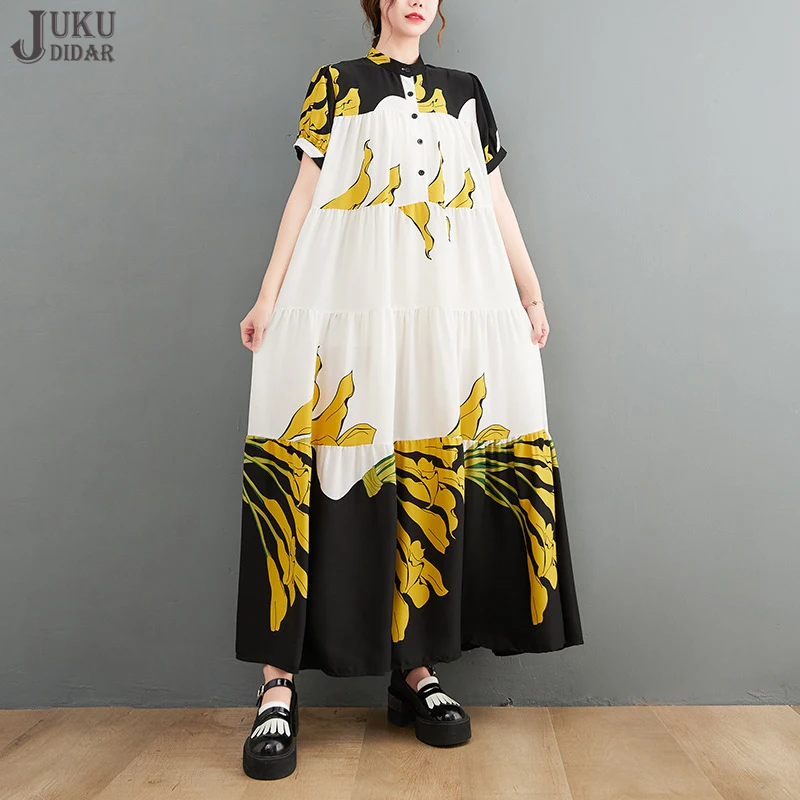 

Big Size Loose Fit Tide New 2022 Summer Elegant Printed Woman White Long Shirt Dress Casual Large Robe Boho Chic Style JJXD066