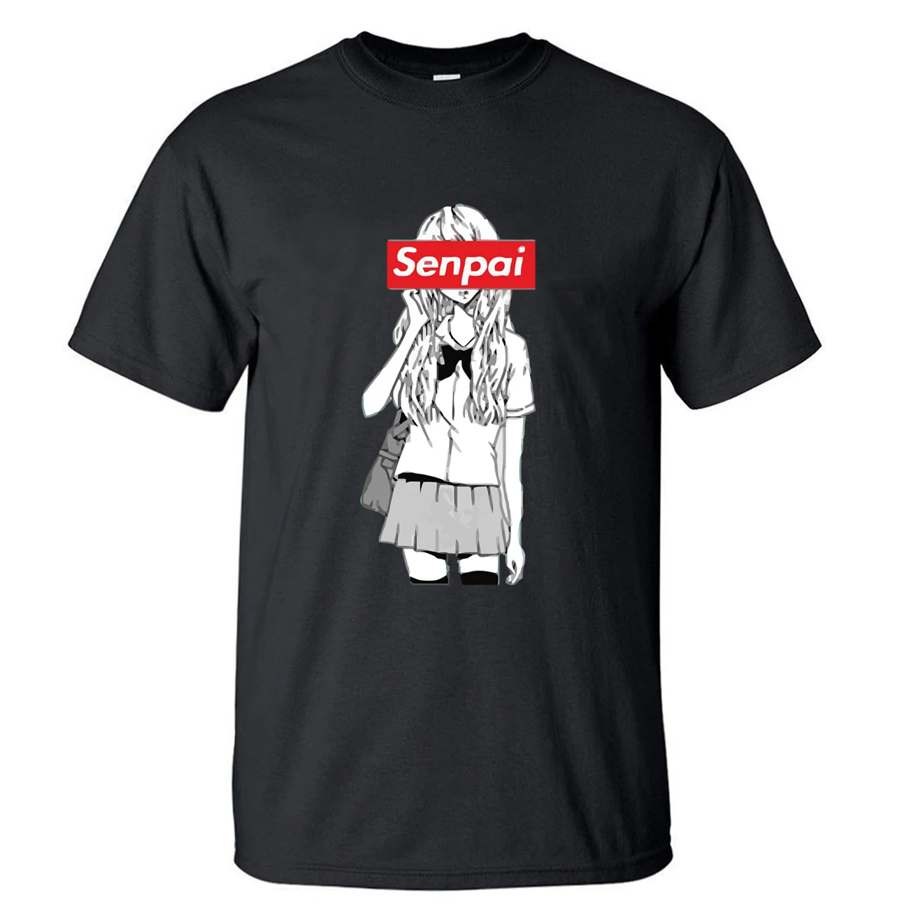 

Футболка Senpai с рисунком девушки из аниме, Мужская футболка, летние хлопковые футболки с коротким рукавом, черный, белый, в стиле Харадзюку, с ...