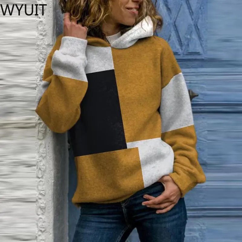 

Женский свитшот в стиле ретро, повседневный теплый толстый пуловер свободного покроя в клетку, контрастная Толстовка с длинным рукавом, Осе...