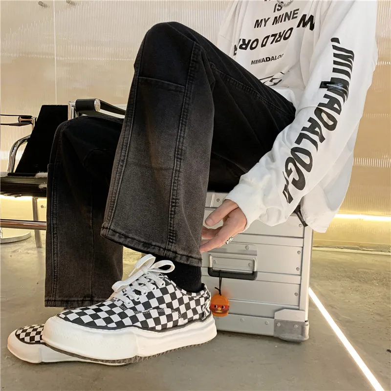 New Jeans Men's Brand Clothing Retro Korean Fashion Men Streetwear Loose Straight Wide-leg Cropped Pants Pantalon Homme  Casual