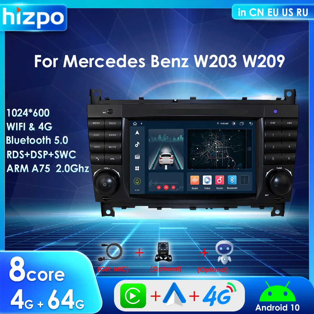 

Hizpo 2 Din Car Radio Carplay Android For Mercedes-Benz Class CLC W203 W209 AMG CLK Multimedia Player Stereo GPS Navi BT RDS DSP