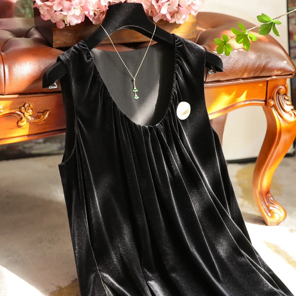 

Прямые черные бархатные платья без рукавов с разрезом и круглым вырезом, новые модные темпераментные элегантные прямые платья, свободное повседневное вечернее платье