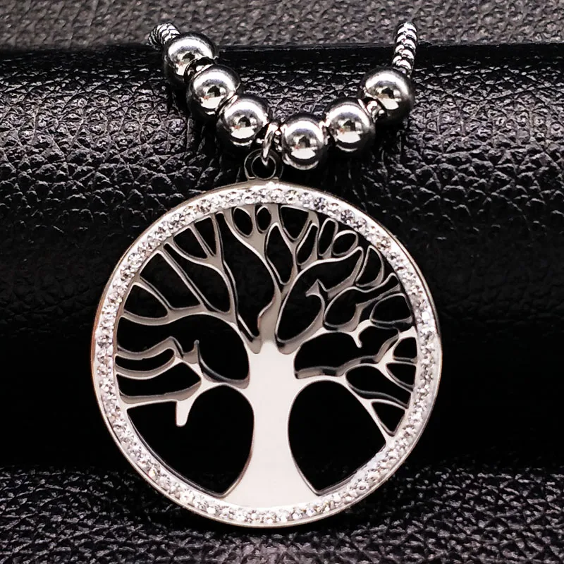 

Tree of Life Stainless Steel Long Necklace Women Jewerly With Crystal Silver Color Pendant Necklace Jewelry collares N1746S07