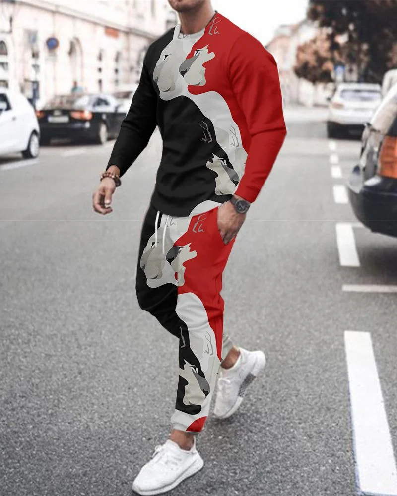 

New Spring Casual sportswear running men's suit 3D printing long-sleeved Fall men's T-shirt + trousers quick-drying 2-piece suit