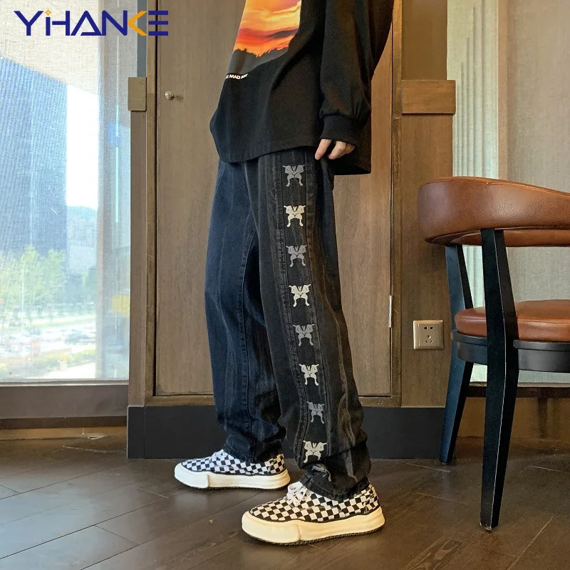 

Fashion High Street Men’s Jeans Side Embroidery Tie-dye Straight-leg Pants Loose Wide-leg Jeans Street Men’s S-3XL джинсы черные
