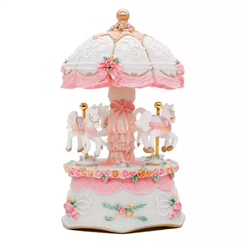 

LED Carousel Music Box LED Light Resin Rotating Mini Music Box Kids Ornament Crafts Birthday Wedding Gifts Home Desk Decoration
