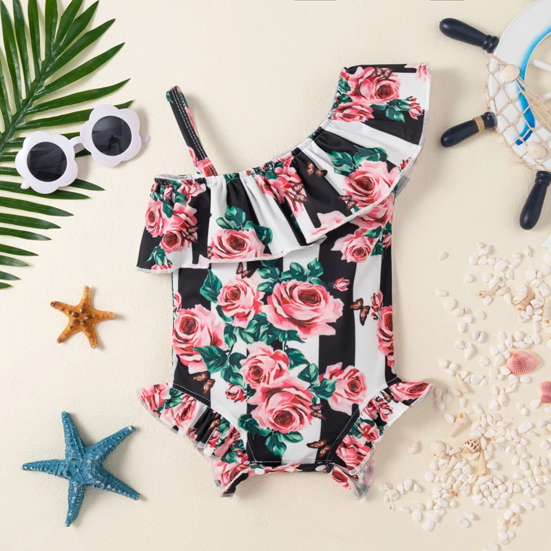 

Baby Kids Girls Bodysuit Swimwear One-shoulder Ruffled Flower Print Swimsuit for Summer Beach Bikini