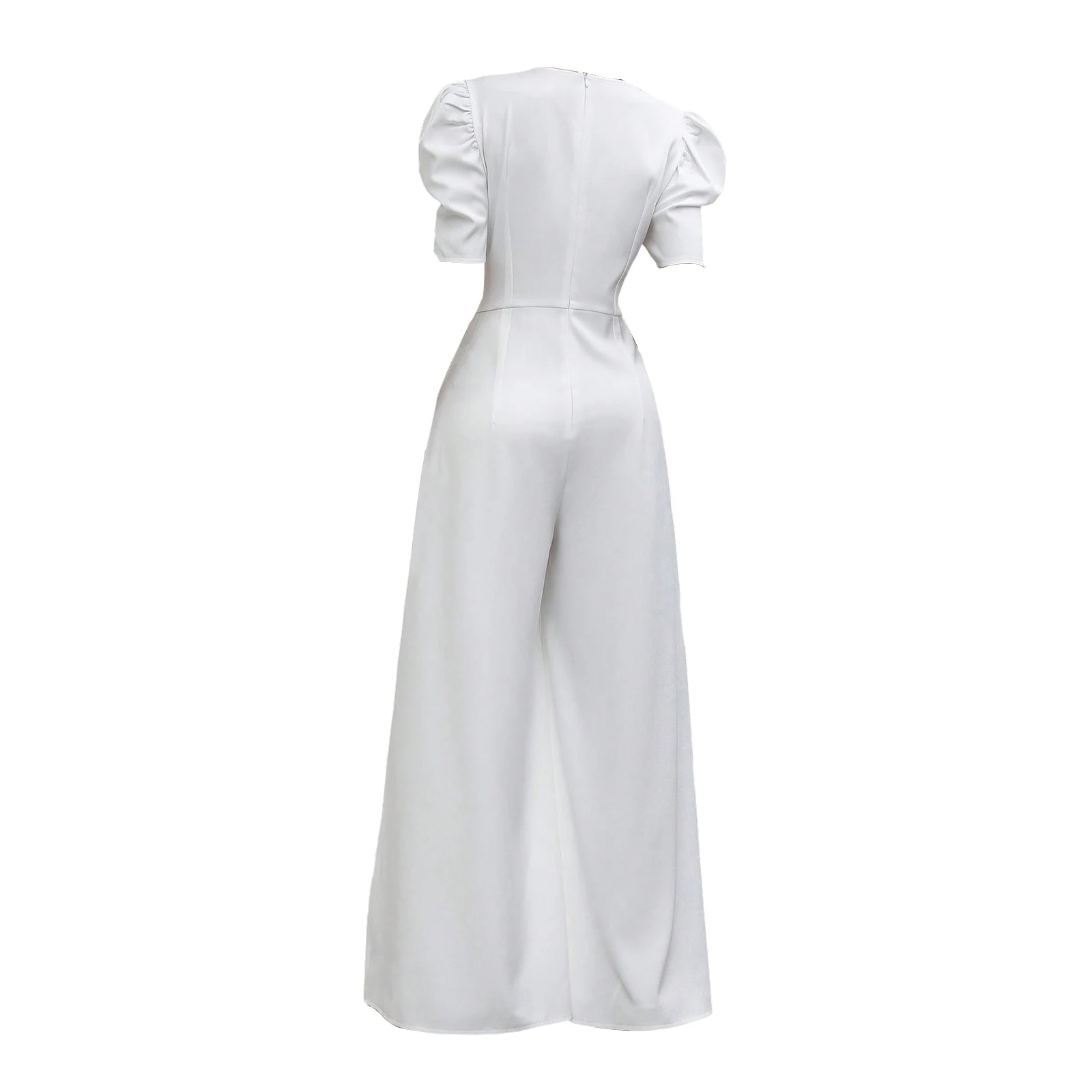 Женский однотонный комбинезон с V-образным вырезом рукавами-фонариками и рюшами