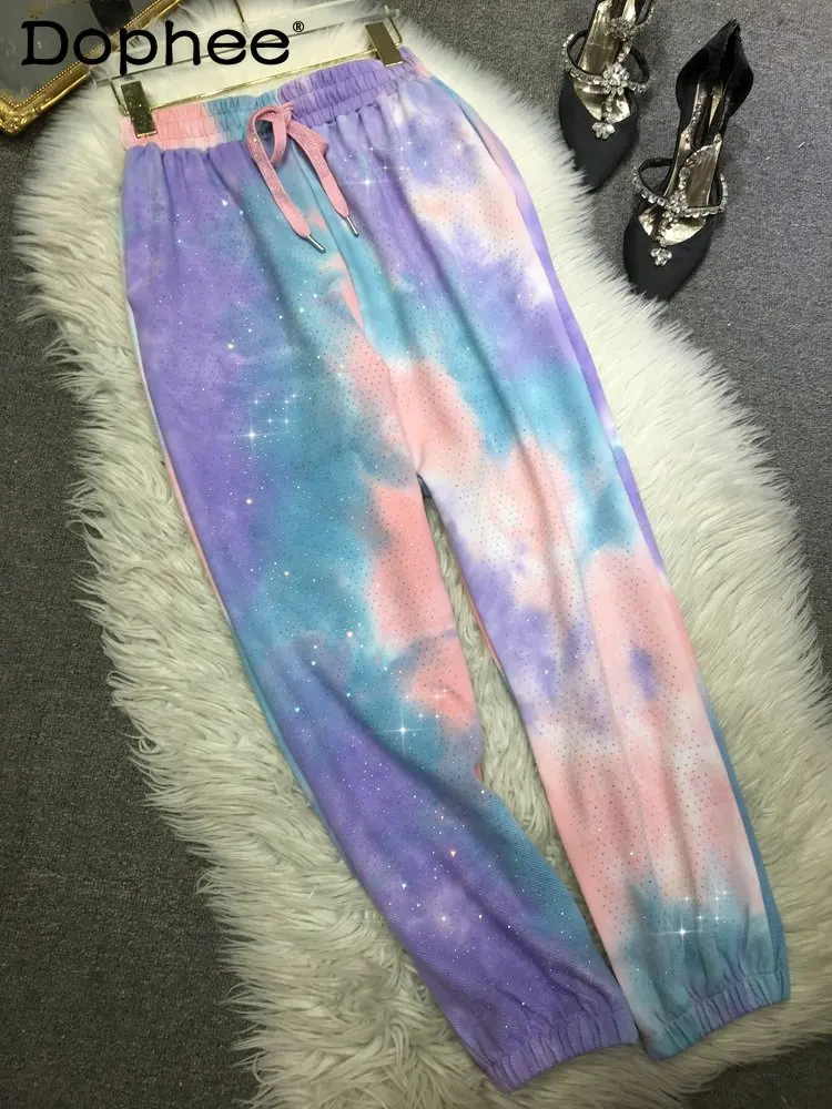 Heavy Embroidery Hot Drilling Sweatpants Women Sweet Gradient Color Tie-Dye Slimming Casual Pants Fashion Spring New Harem Pants