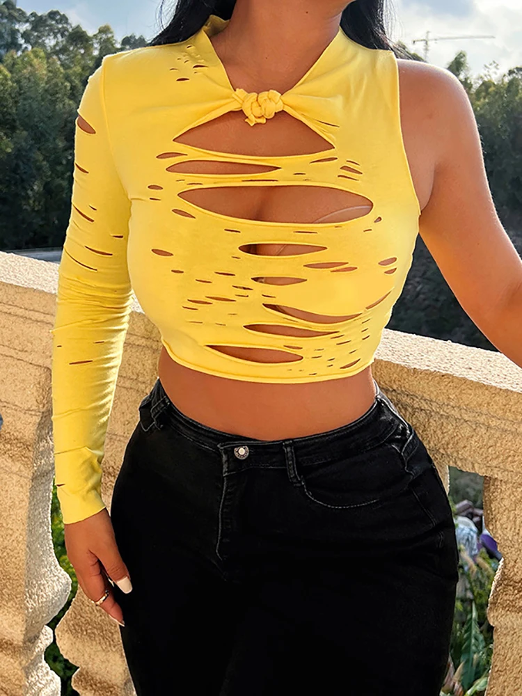 

Fashion Sexy Women Crop Tops One Shoulder Casual Slim Hollow Out Solid Ladies T-shirt Chain Streetwear Chic Female Clothes