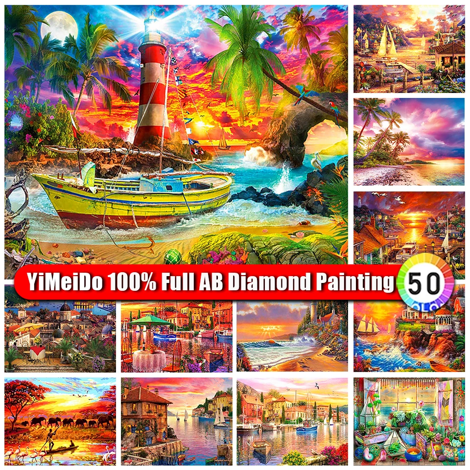 

YiMeiDo 5d Diy Scenery Seaside Full 100% AB Diamond Painting Boat Diamond Embroidery City Handmade DIY Mosaic Home Decor Gifts