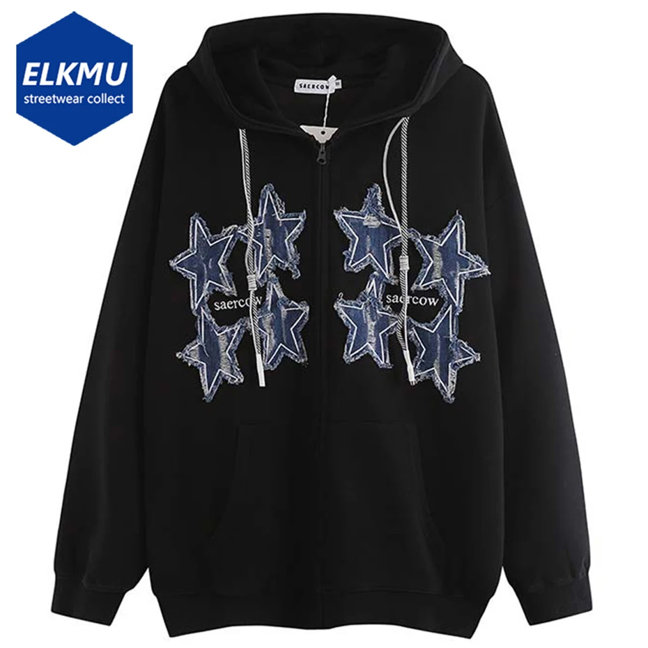 

Denim Star Splicing Hoodie Men Oversized Harajuku Y2K Zip Up Hooded Sweatshirt Streetwear Hip Hop Black Hoodies for Male