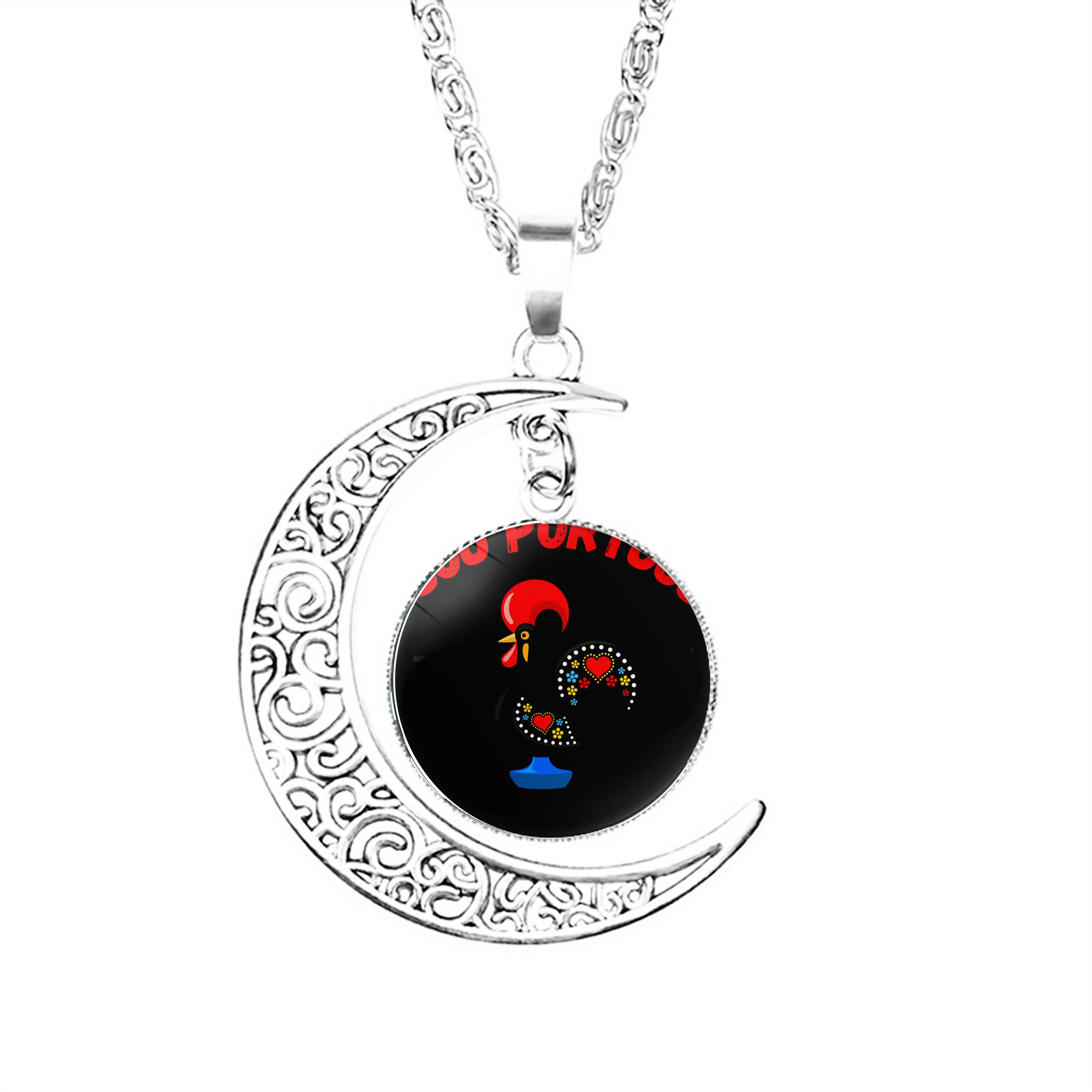 

Eu Sou Portugues Chicken Moon Necklace Dome Pendant Women Charm Gifts Accessories Party Chain Crescent Jewelry Lady Lovers Men