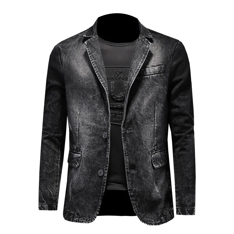 

High Quality Denim Blazer Black Leisure Men's Suit Vintage Cotton Jeans Jacket Coat Slim Fit Fashion Men Outwear