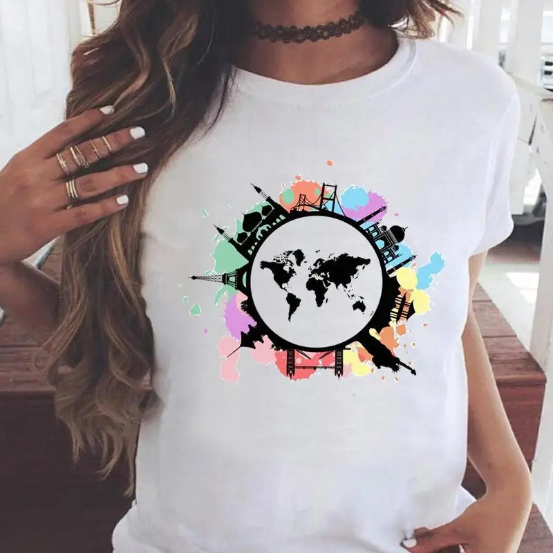 

Women T-shirts travel world cute map Watercolor Short Sleeve Cartoon T Top Shirt Print Female Graphic Fashion Tee T-Shirt