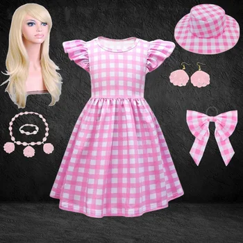 2023 Movie Barbi Theme Cosplay Costume for Girls Kids Clothes Pink Plaid Party Princess Dress Halloween Carnival Vestidos 3-10T 1