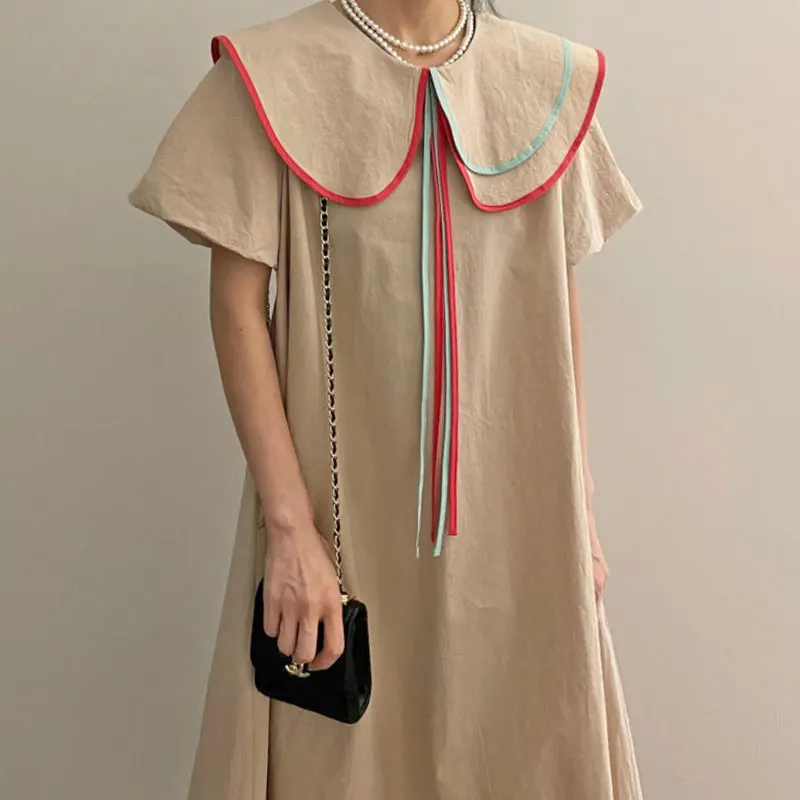 

Clothland Women Chic Peter Pan Collar Midi Vestido Short Puff Sleeve Straight Female Mid Calf Casual Vestidos DA296