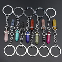 new natural stone hexagonal column keychain for women crystal pink quartz key rings on bag car jewelry party friends gift 1pc
