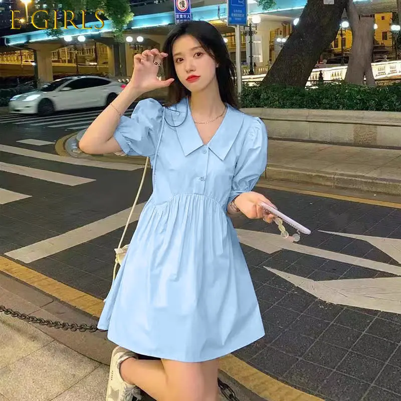 

Short Sleeve Dress Women Birthday Mini All-match Ulzzang Light Blue Simple Leisure Vestidos Clothes Party A-LINE Summer Solid BF