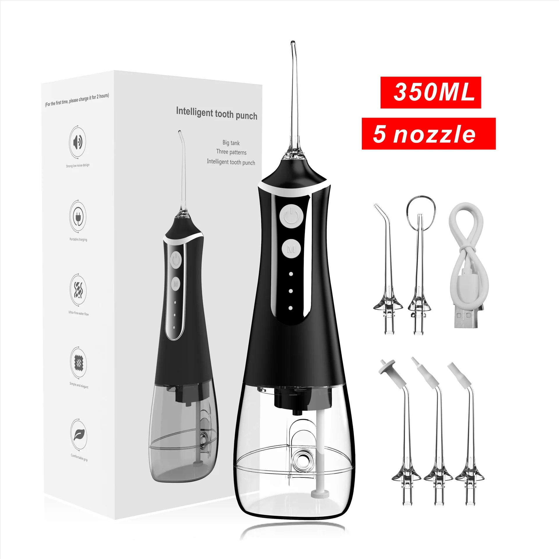 

Portable Oral Irrigator 3 Modes Water Flosser USB Rechargeable 5 Nozzles Dental Water Jet 300ml Water Tank IPX7 Waterproof